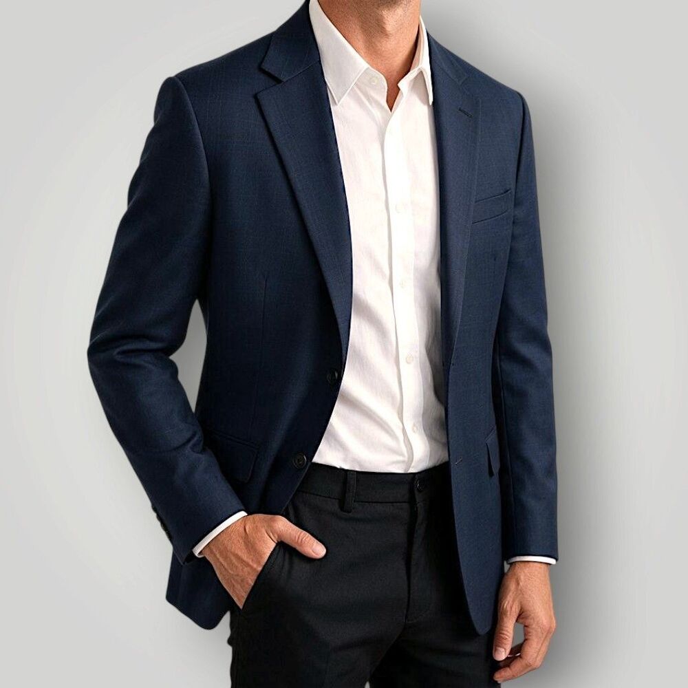 TOMMY HILFIGER Mens Blazer Sport Coat 2-Button Jacket 40R Navy Plaid Wool Blend